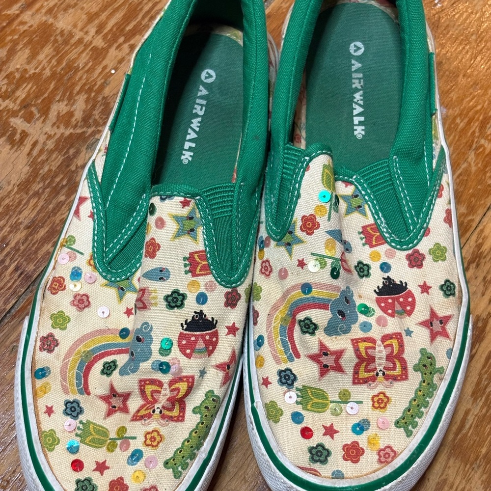 Airwalk Slip-On Sneakers — Whimsical Print with Sequins, c. 2007